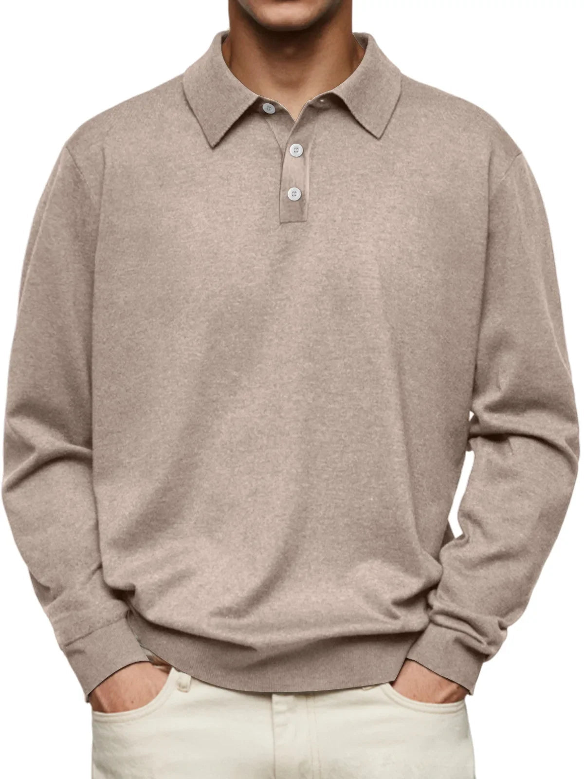 Men's long sleeve knit polo shirt classic collar button placket straight cut