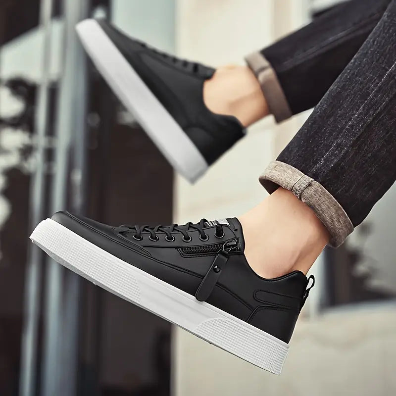 Structured low-top sneaker with metal zip pull tab and round toe for men