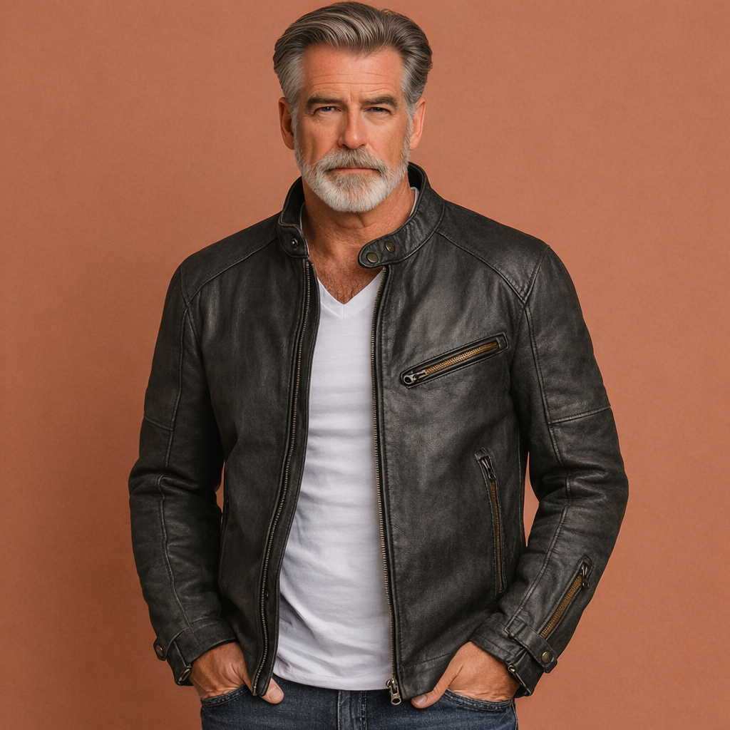 Regular fit leather jacket with zip cuffs and straight hem