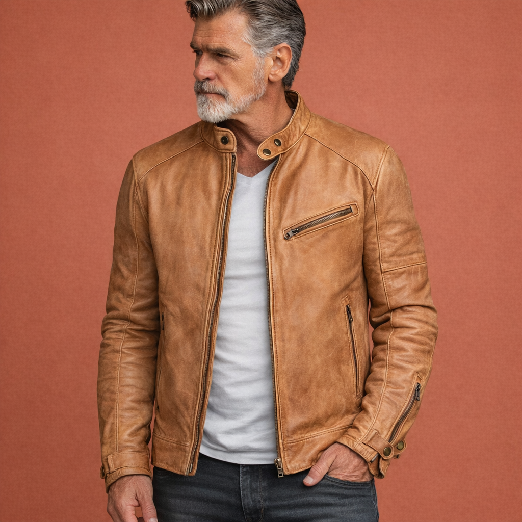 Leather jacket with stand collar zip fastening and zip cuff detail