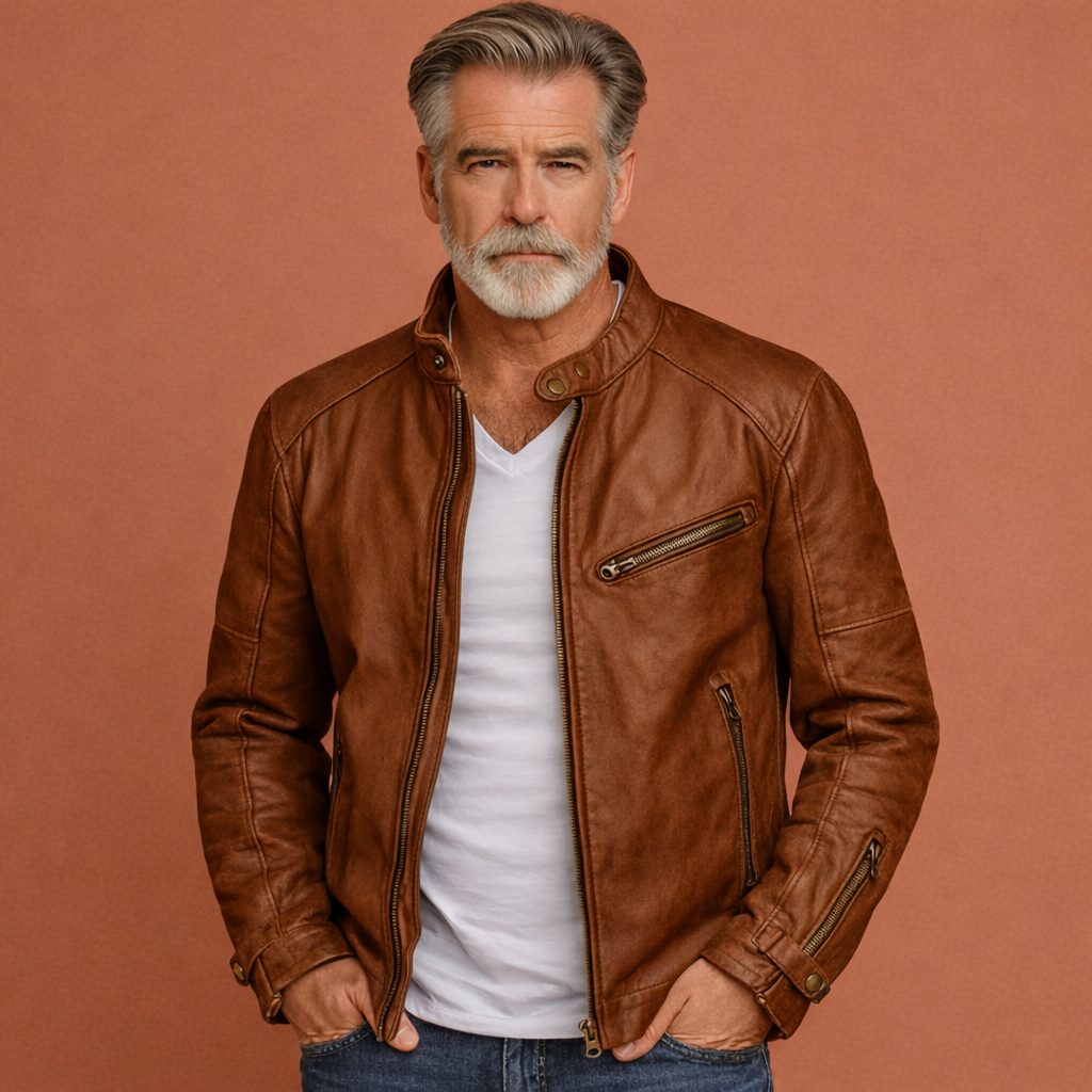Leather jacket with front zip and snap tab stand collar for men