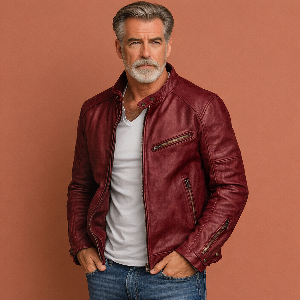 Men's leather coat with stand collar and multiple zip pocket details