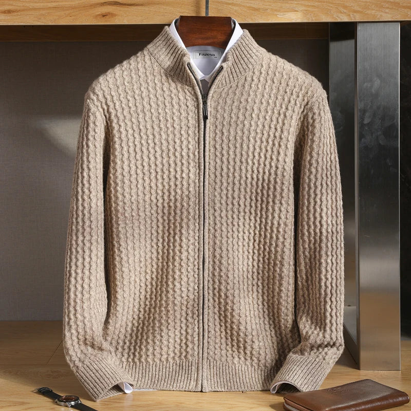 Knit zip-up cardigan with stand collar ribbed cuffs and hem regular fit for men