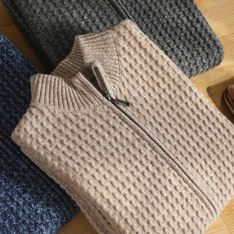 Textured knit cardigan with full-zip closure stand collar and ribbed hem for men