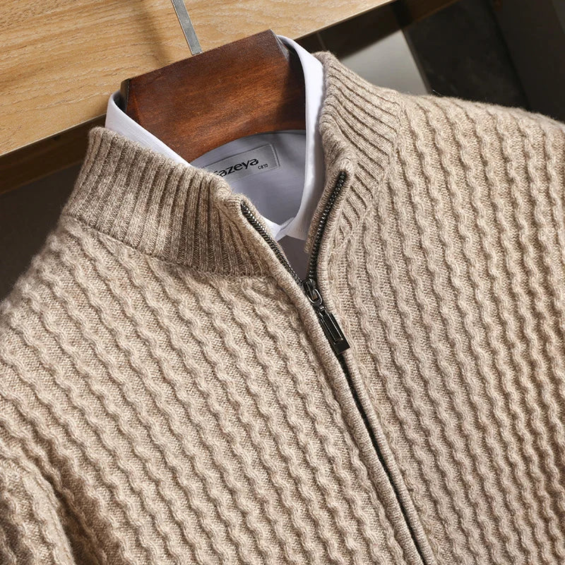 Men's knit zip-up cardigan with structured silhouette ribbed cuffs and stand collar