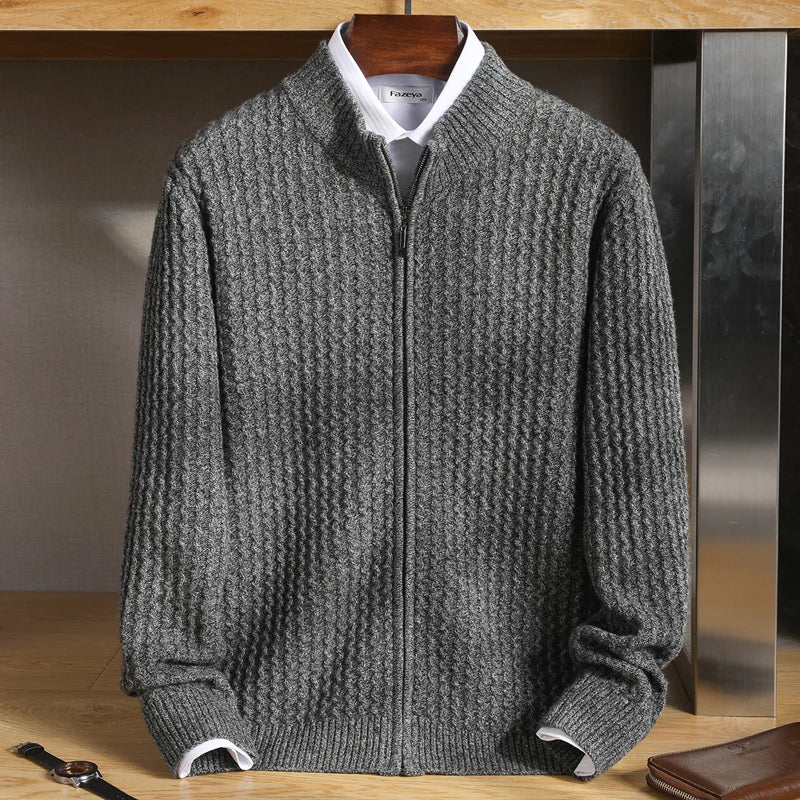 Knit cardigan with front zip stand collar long sleeves and ribbed trims for men