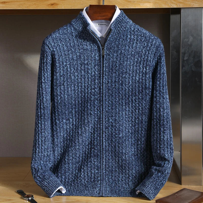 Men's textured knit zip-up cardigan with stand collar ribbed hem and cuffs