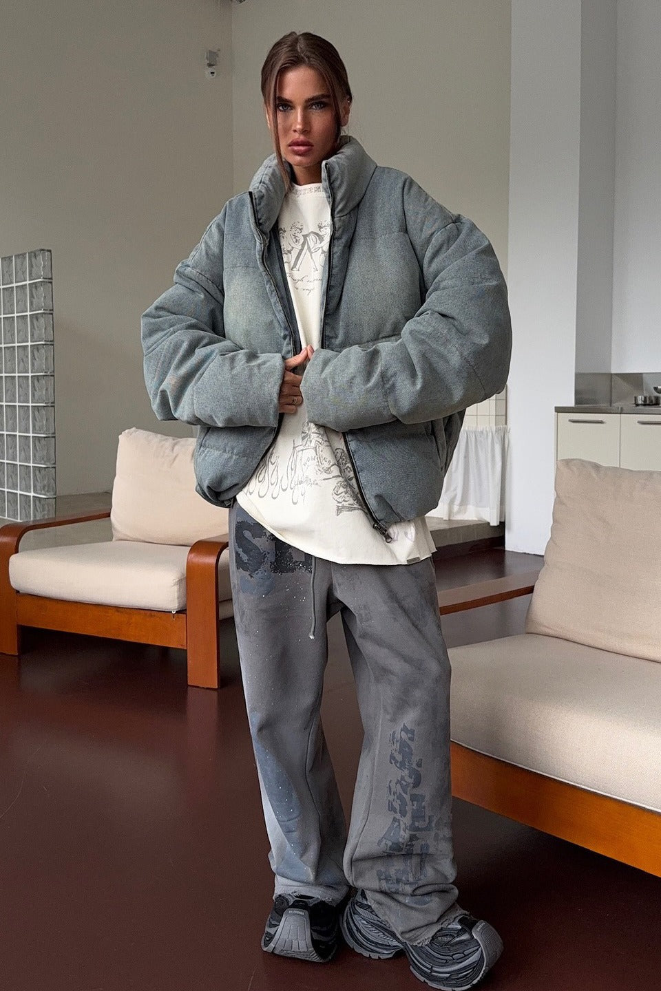 Padded jacket with quilted panels and straight hem, oversized fit, women, worn indoors