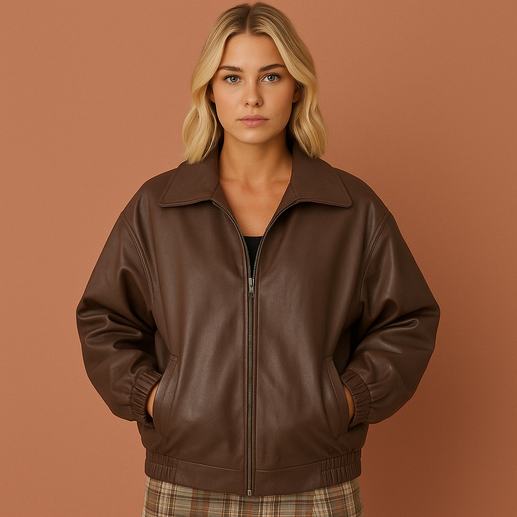 Faux leather bomber jacket with zip closure wide collar and elasticated hem for women