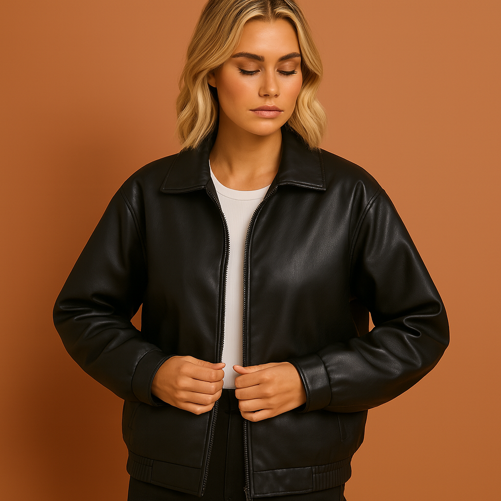 Faux leather relaxed fit bomber jacket with long sleeves and elasticated cuffs for women