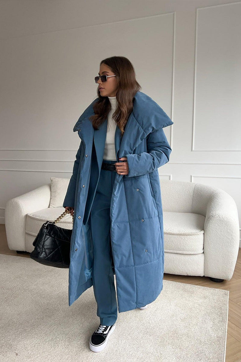 Padded long coat with snap buttons and straight hem, oversized fit, women, worn