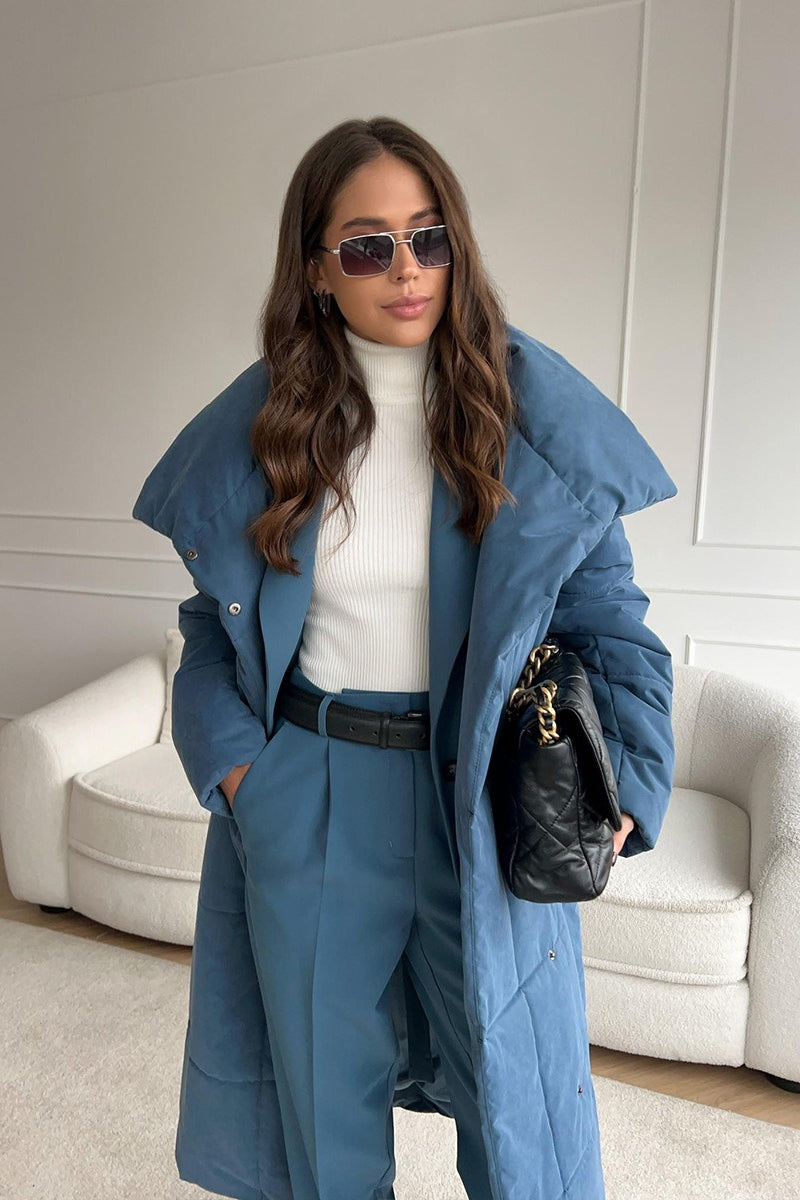 Padded long coat with quilted panels and long body length, oversized fit, women, worn