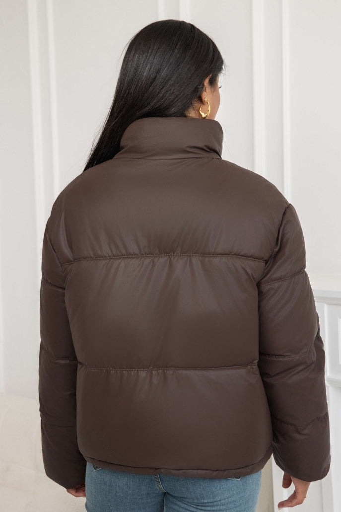 Padded puffer jacket with stand collar and button closure, loose fit, women, worn