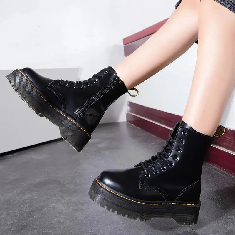 Synthetic leather ankle boots with lace-up front and thick platform sole, regular fit, women, worn