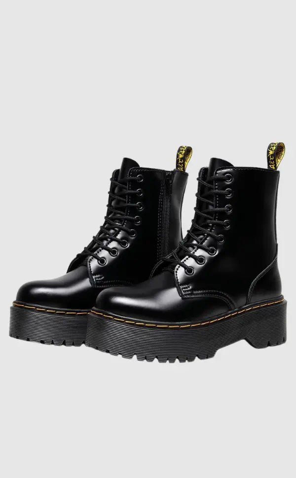 Synthetic leather ankle boots with lace-up closure and side zipper, platform sole, regular fit, women, studio view