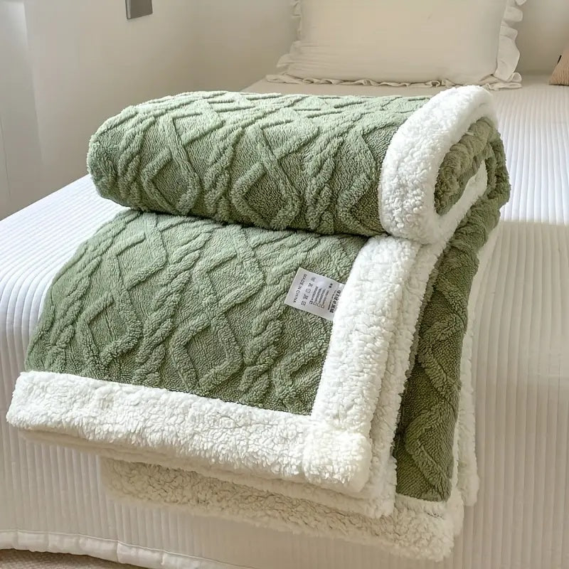 Sage green plush sherpa blanket with embossed geometric pattern and white trim.
