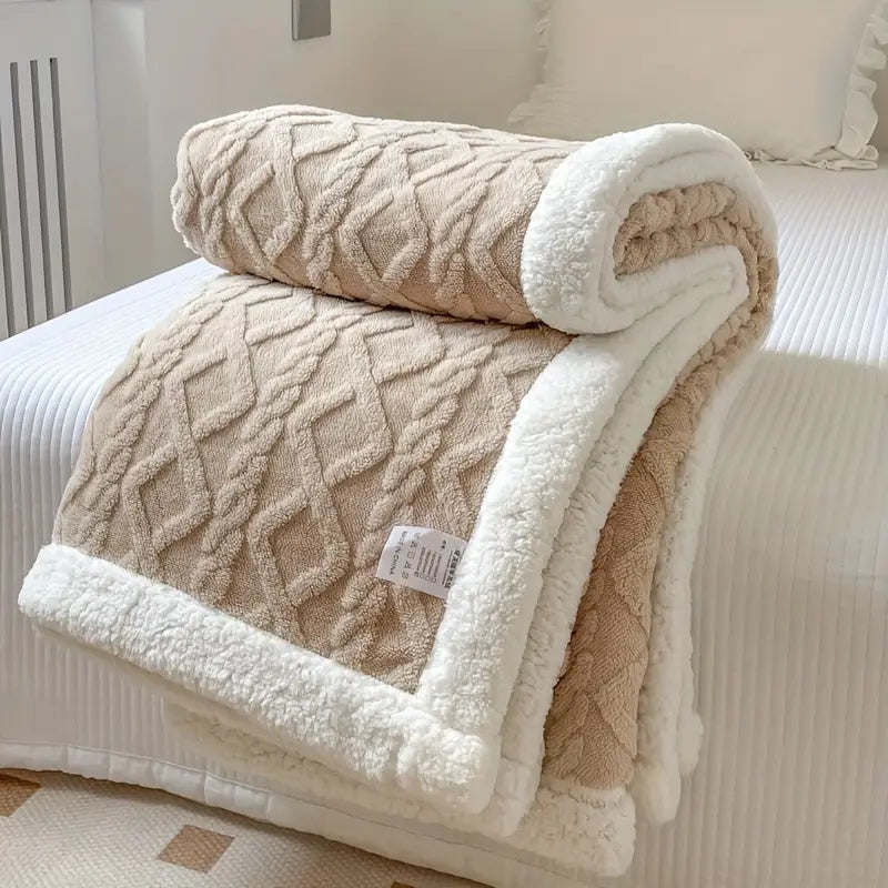 Beige plush sherpa blanket with embossed pattern and white sherpa border.