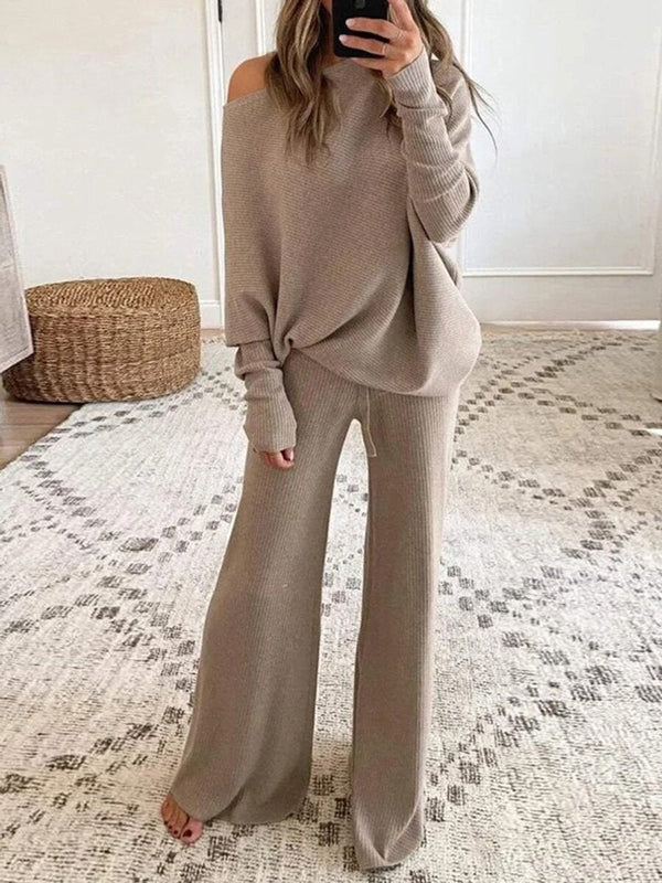 Ribbed knit off-shoulder lounge set with long-sleeve top and wide-leg pants, women