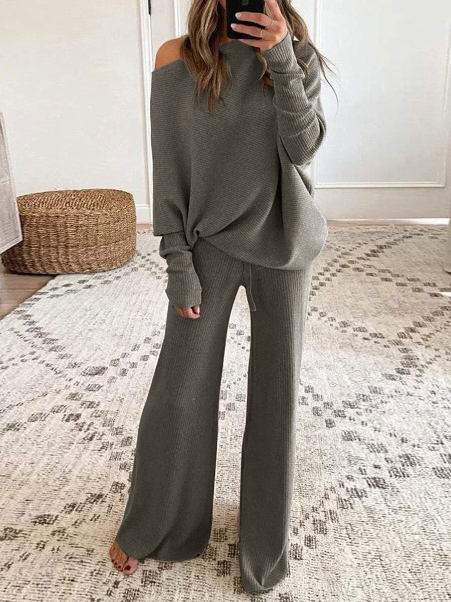 Ribbed knit two-piece lounge set with off-shoulder sweater and wide-leg trousers, women