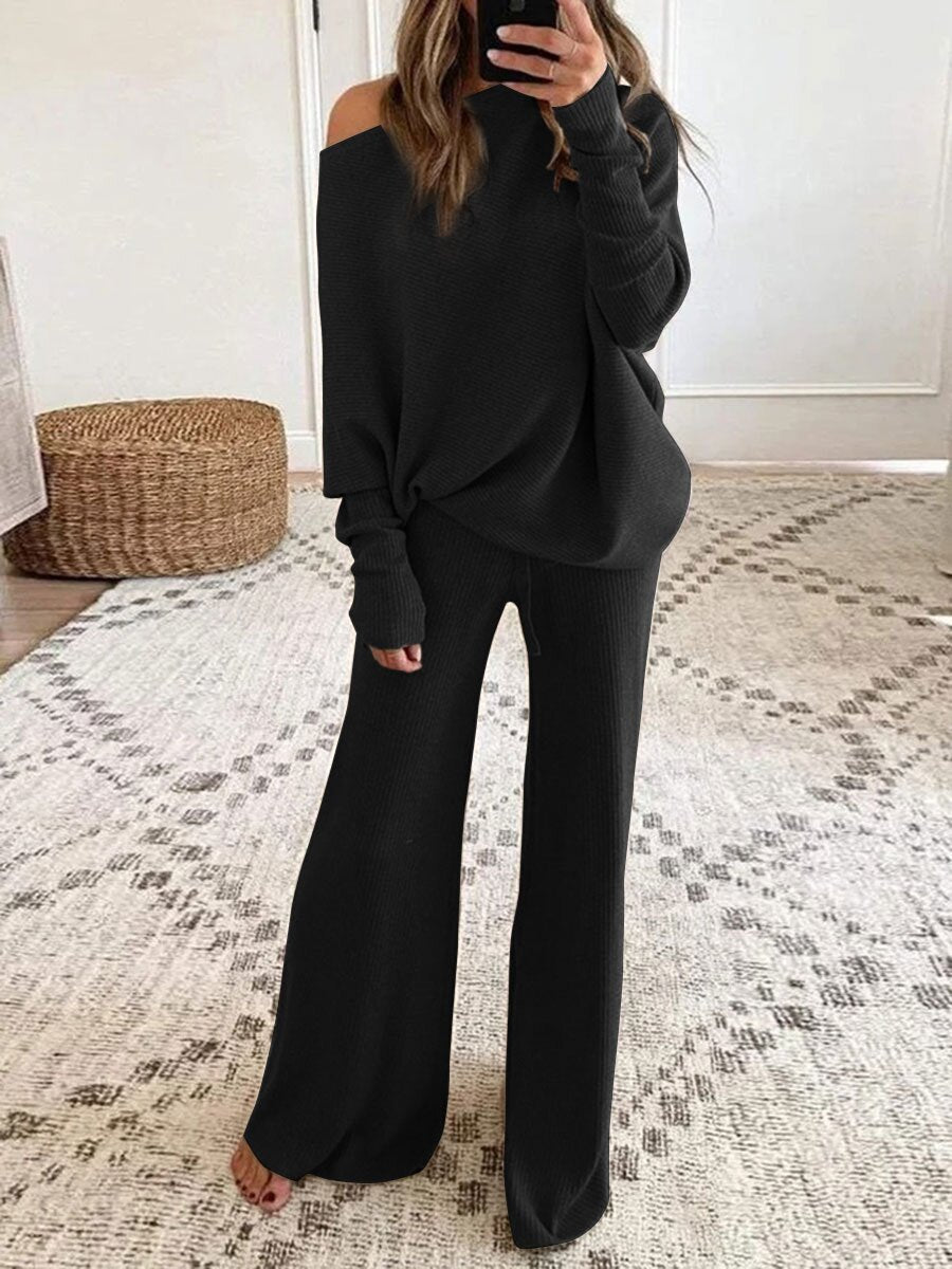 Knit ribbed off-shoulder loungewear set with long-sleeve pullover and wide-leg pants, women