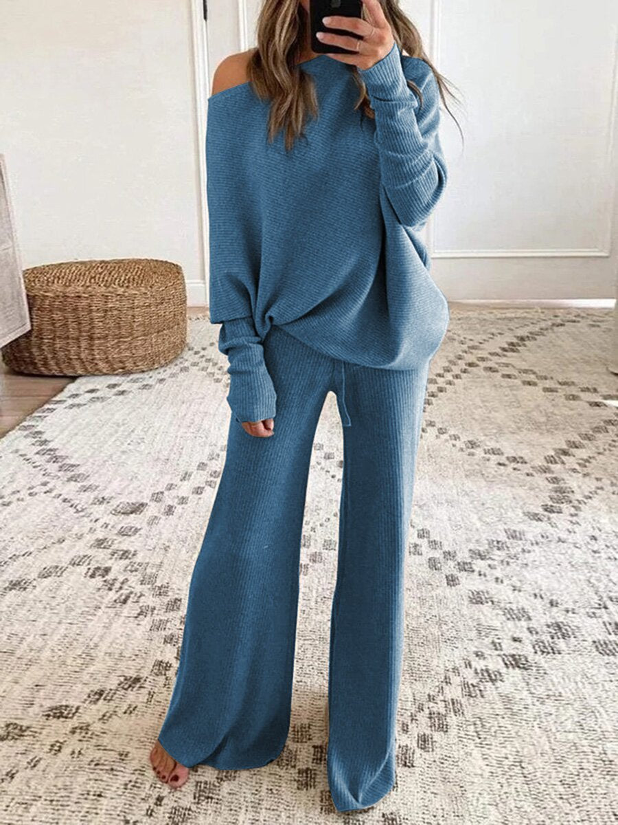 Ribbed knit matching lounge set with off-shoulder long-sleeve top and wide-leg pants, women