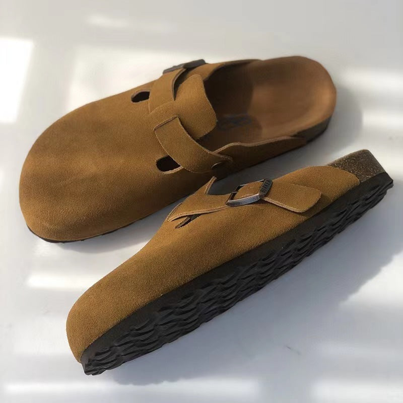 Suede-effect slip-on clog with adjustable buckle strap and closed rounded toe
