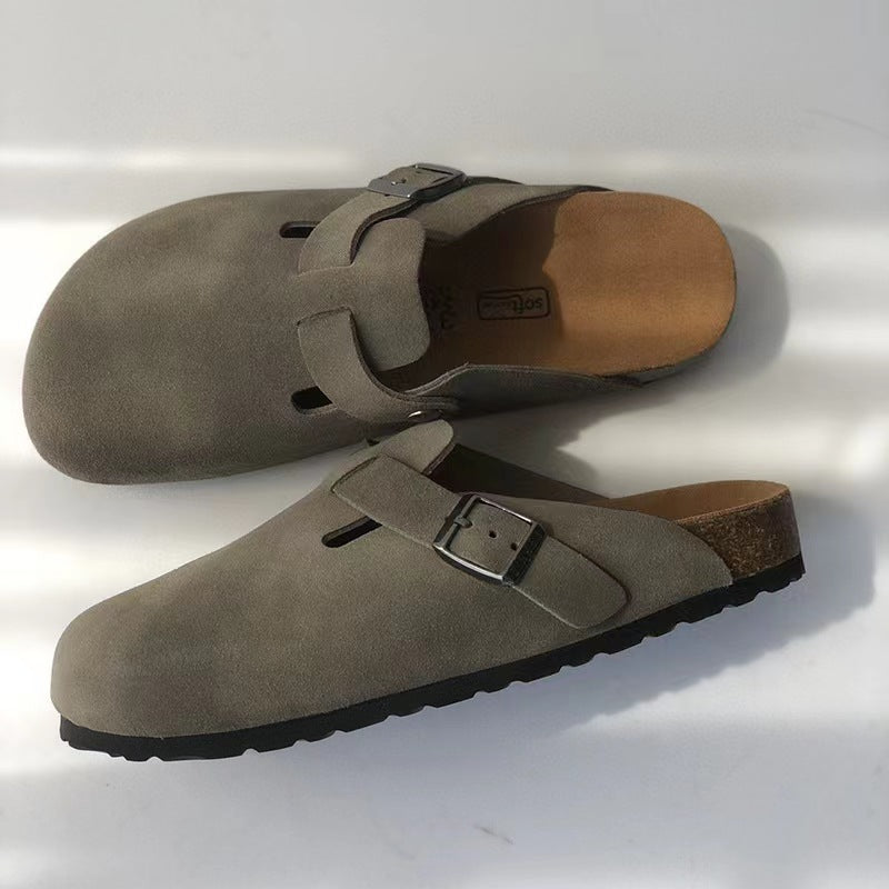 Low-profile clog with metal buckle hardware and molded footbed for unisex wear