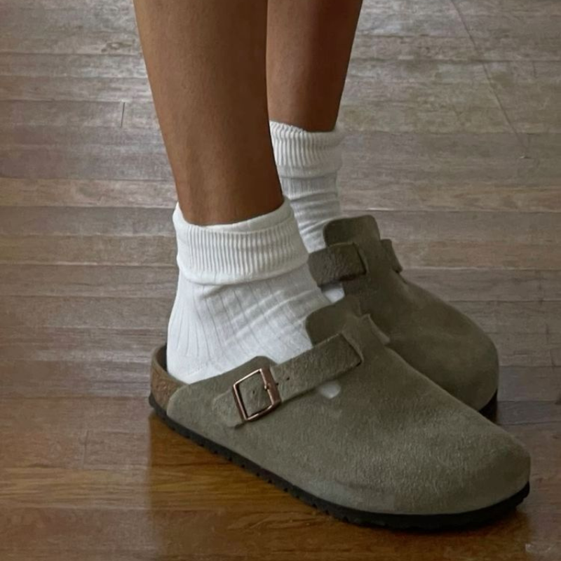 Suede-effect clog with cut-out upper detailing and textured rubber outsole