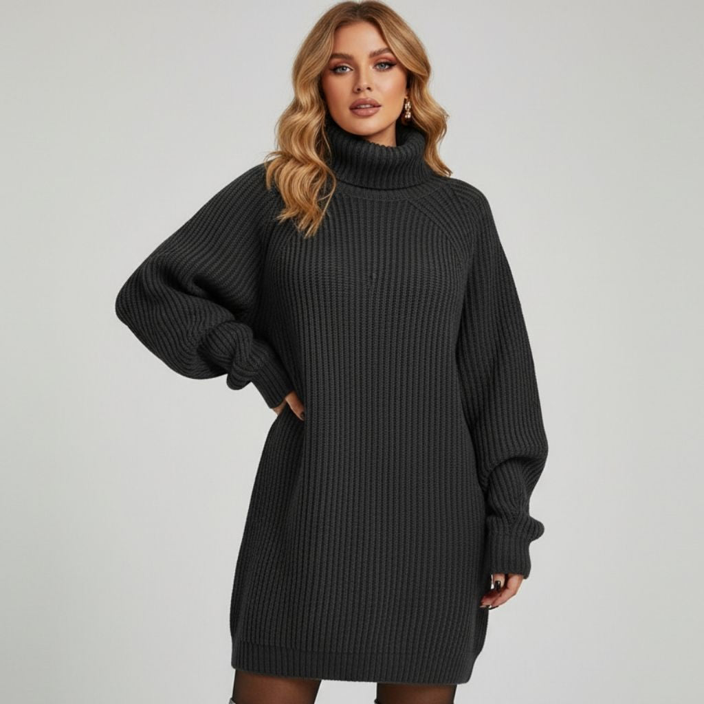 Women's ribbed sweater dress with high collar and above-knee length