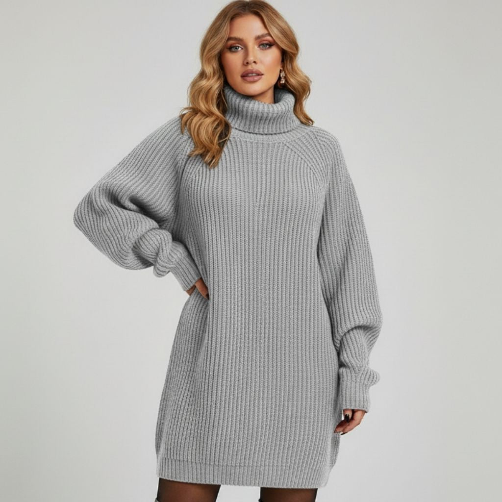 Knit dress with turtleneck, long fitted sleeves, and straight hem
