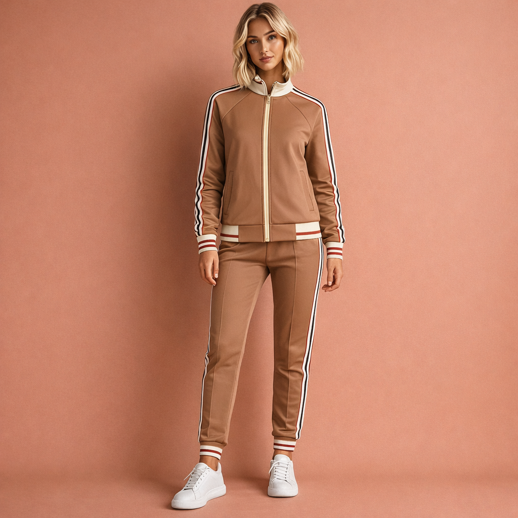 Stretch synthetic zip-up track jacket and tapered pants set with stripe detail for women