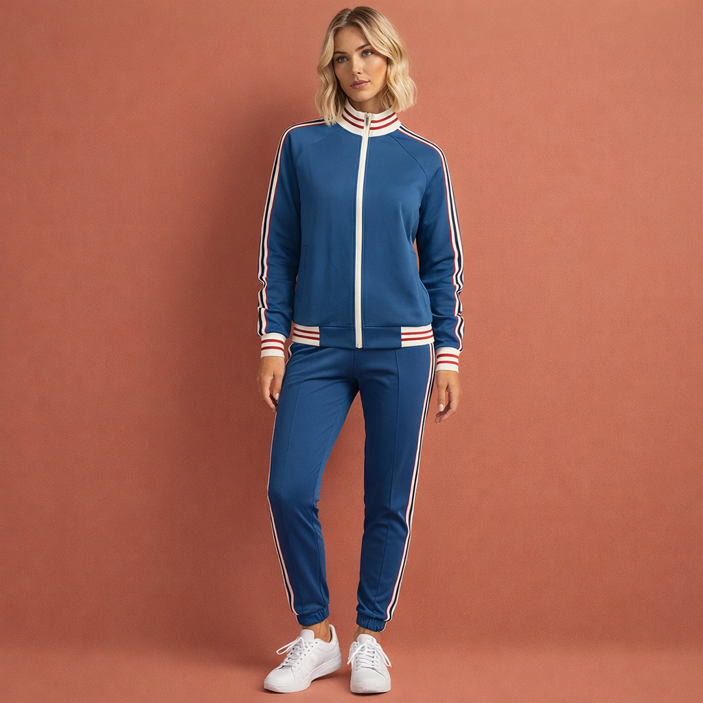 Synthetic two-piece tracksuit with stand collar jacket and ribbed tapered pants for women