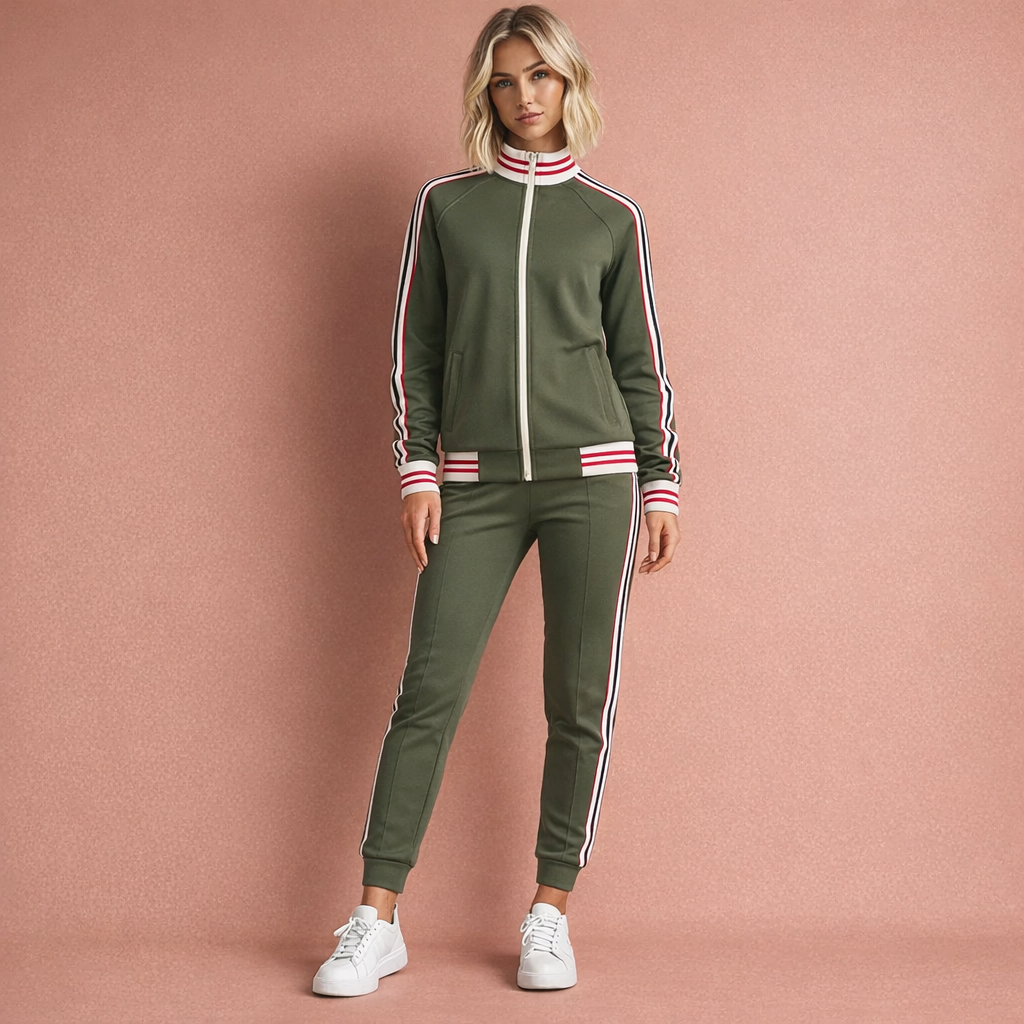 Stretch sporty tracksuit set with zip-up jacket and contrast side stripe tapered pants women