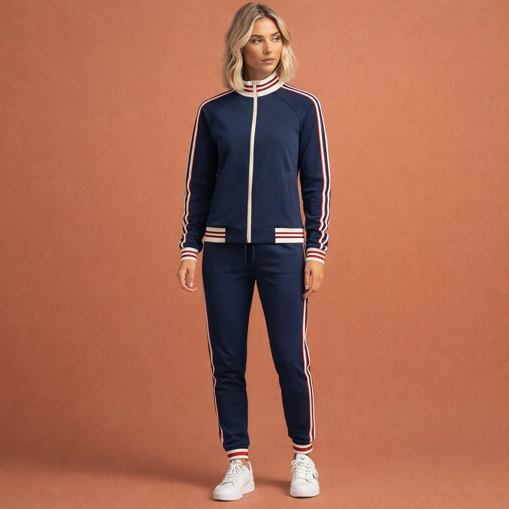 Synthetic zip-up track jacket with ribbed cuffs and mid-rise tapered pants set for women