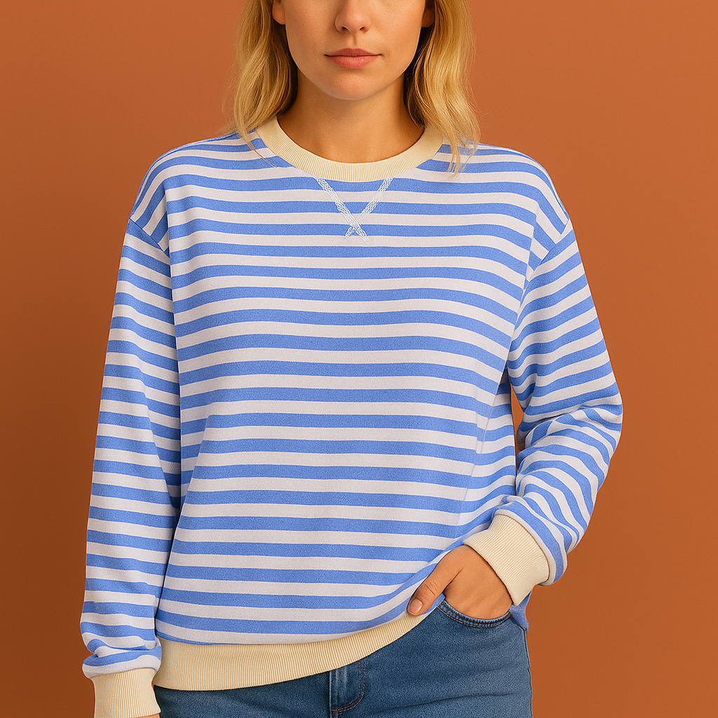 Knit sweatshirt with horizontal stripe pattern and crewneck for women