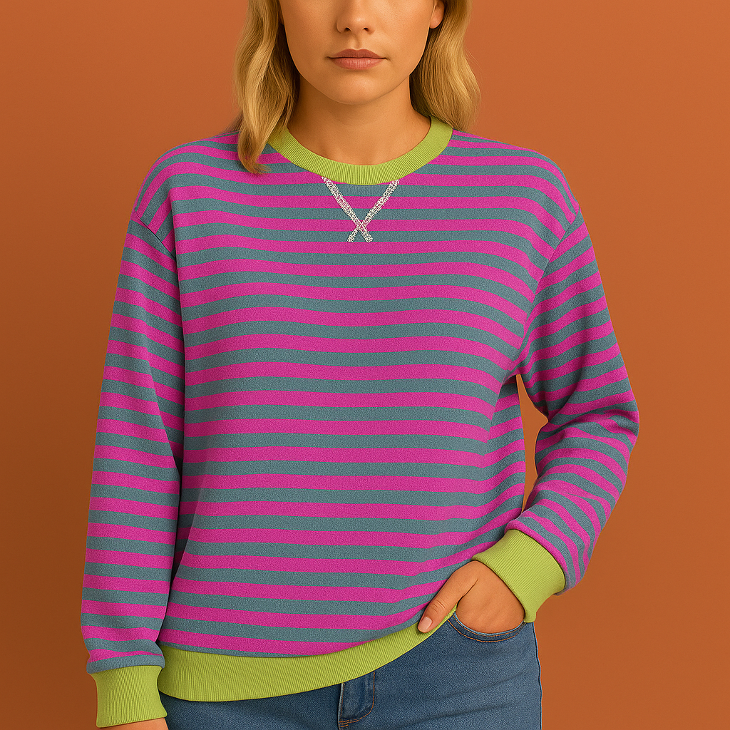 Relaxed fit striped knit sweatshirt with ribbed cuffs and hem for women