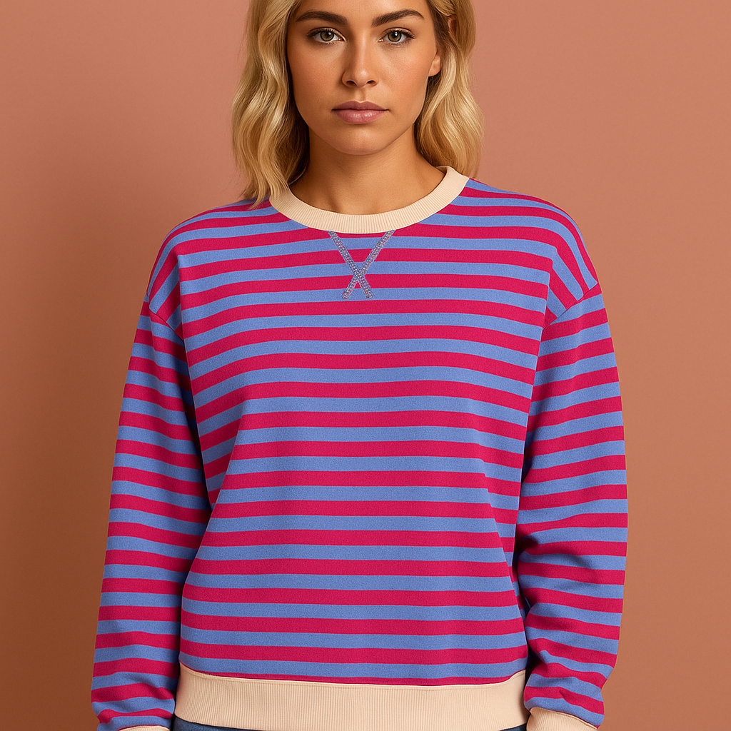 Long sleeve crewneck sweatshirt in striped knit fabric for women