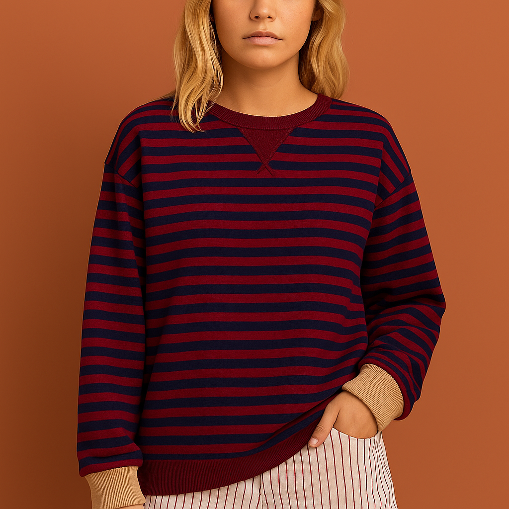 Striped knit sweatshirt with ribbed neckline and long sleeves for women