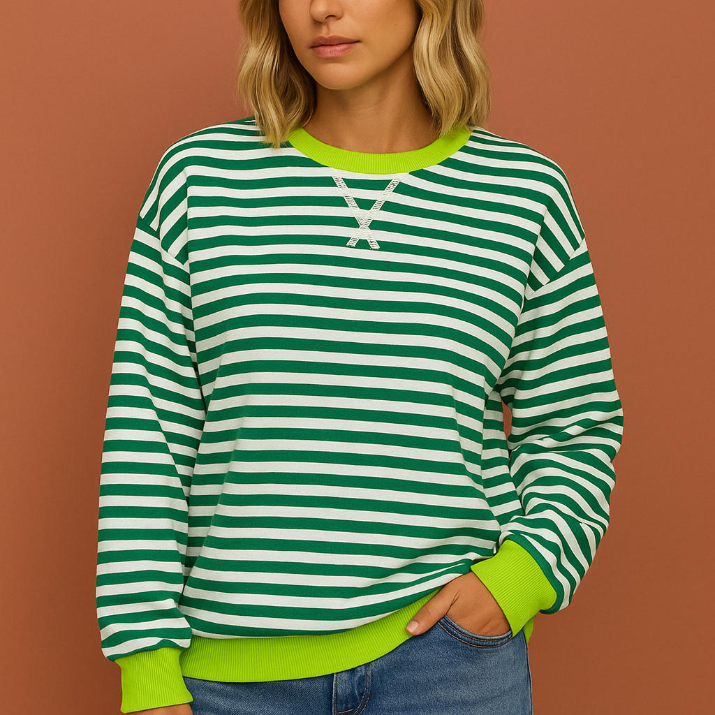 Knit crewneck sweatshirt with horizontal stripes and ribbed trims for women