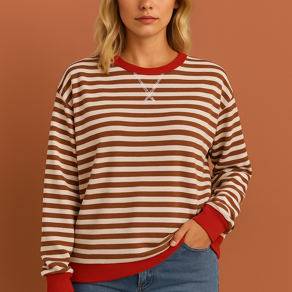 Striped long sleeve sweatshirt with ribbed hem and crewneck for women