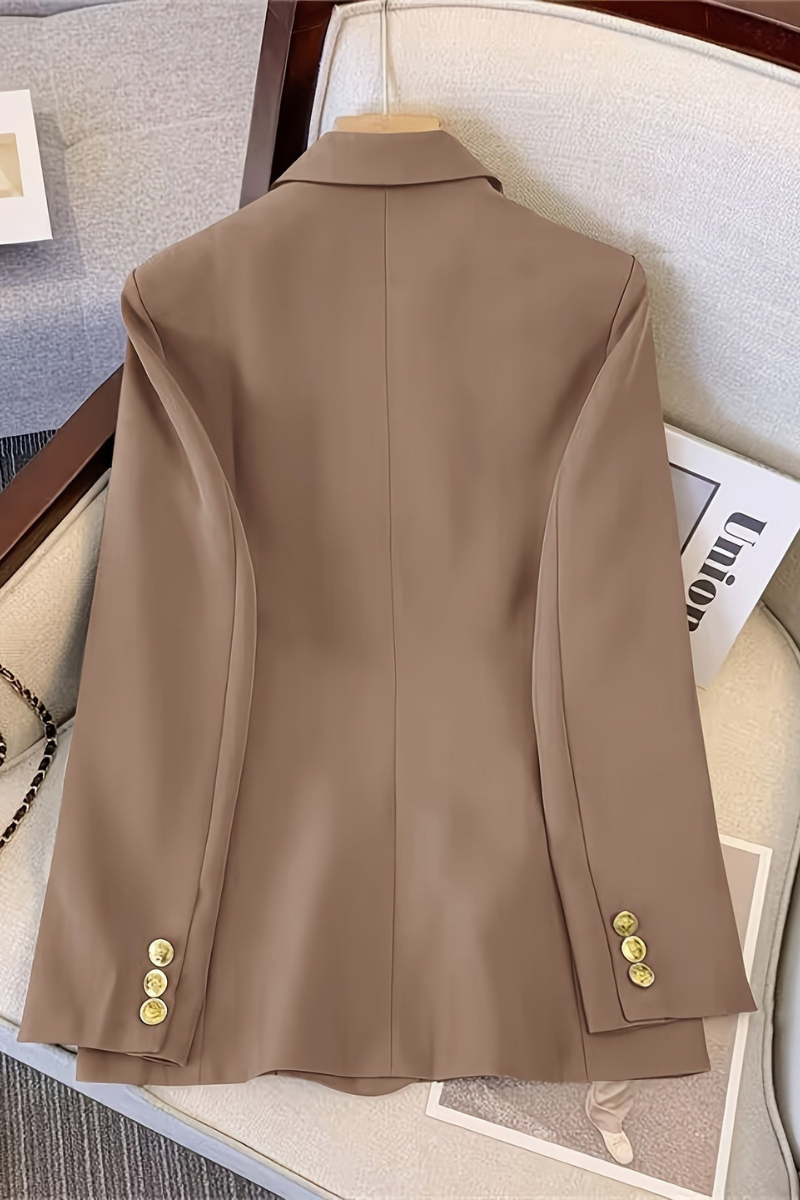 Woven blazer back view with fitted waist structured panel construction tailored for women