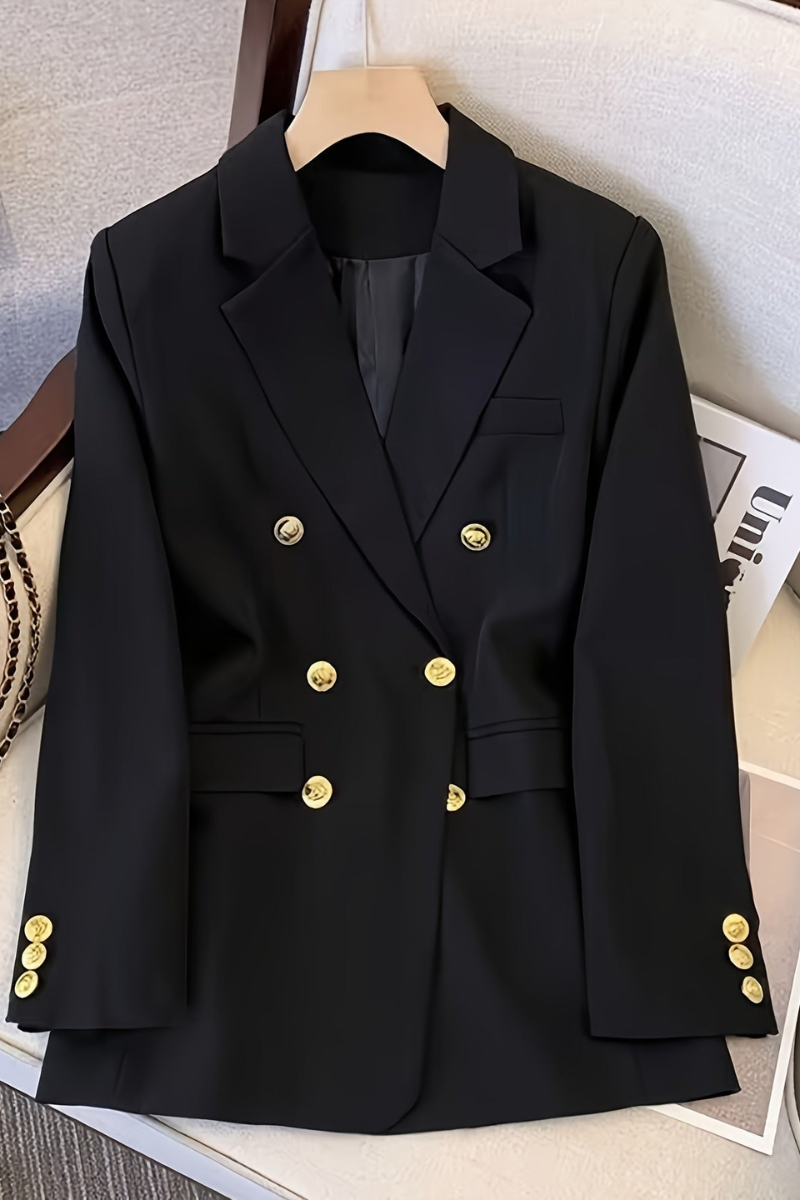 Woven double-breasted blazer with metallic buttons and structured silhouette tailored for women