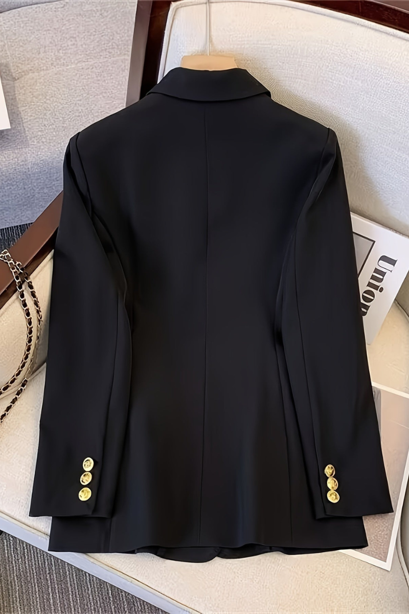 Woven blazer back view with long sleeves and fitted structured silhouette tailored for women