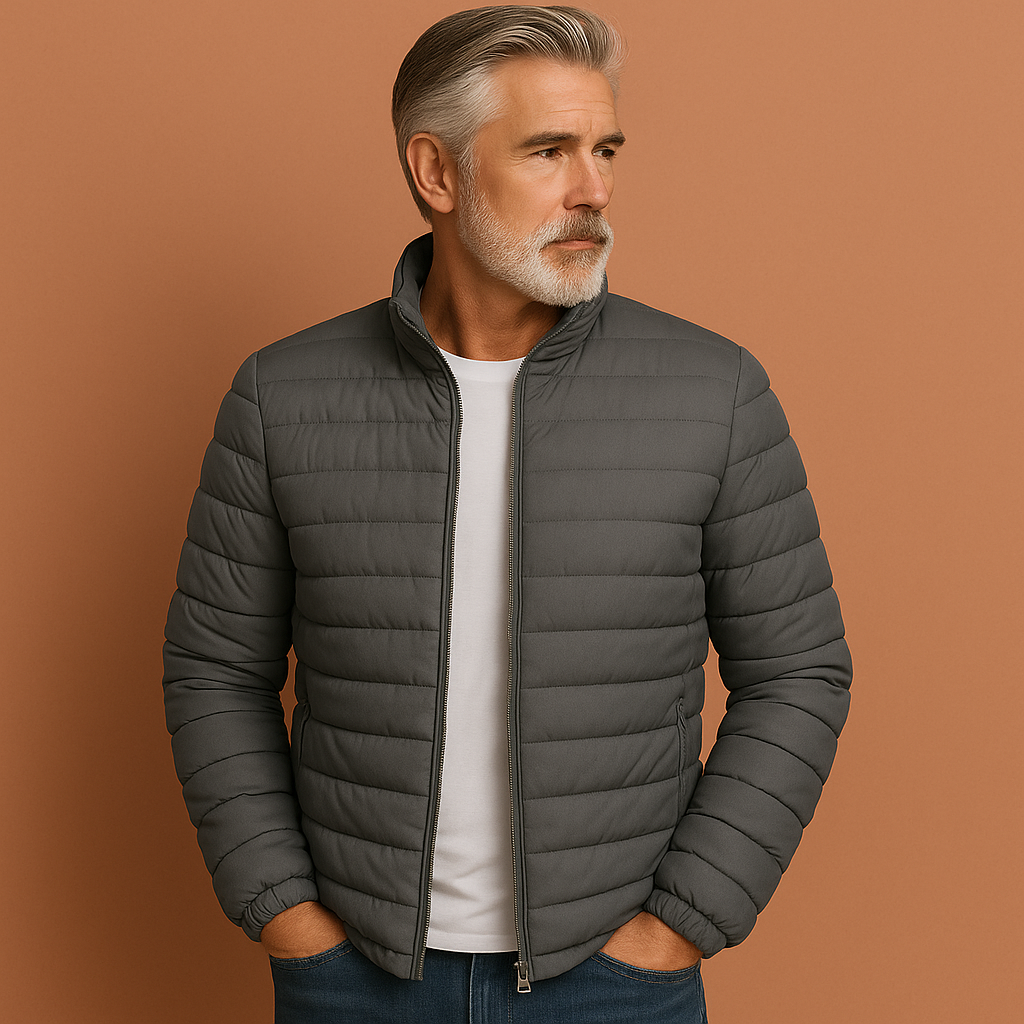 Synthetic padded jacket with stand collar zip closure and quilted finish for men