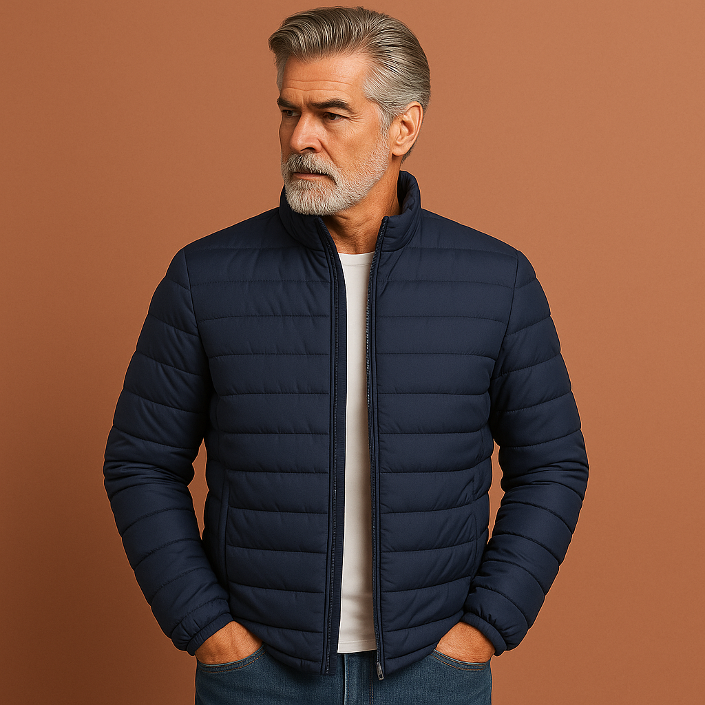 Quilted padded jacket with front zip stand collar and elastic cuffs for men