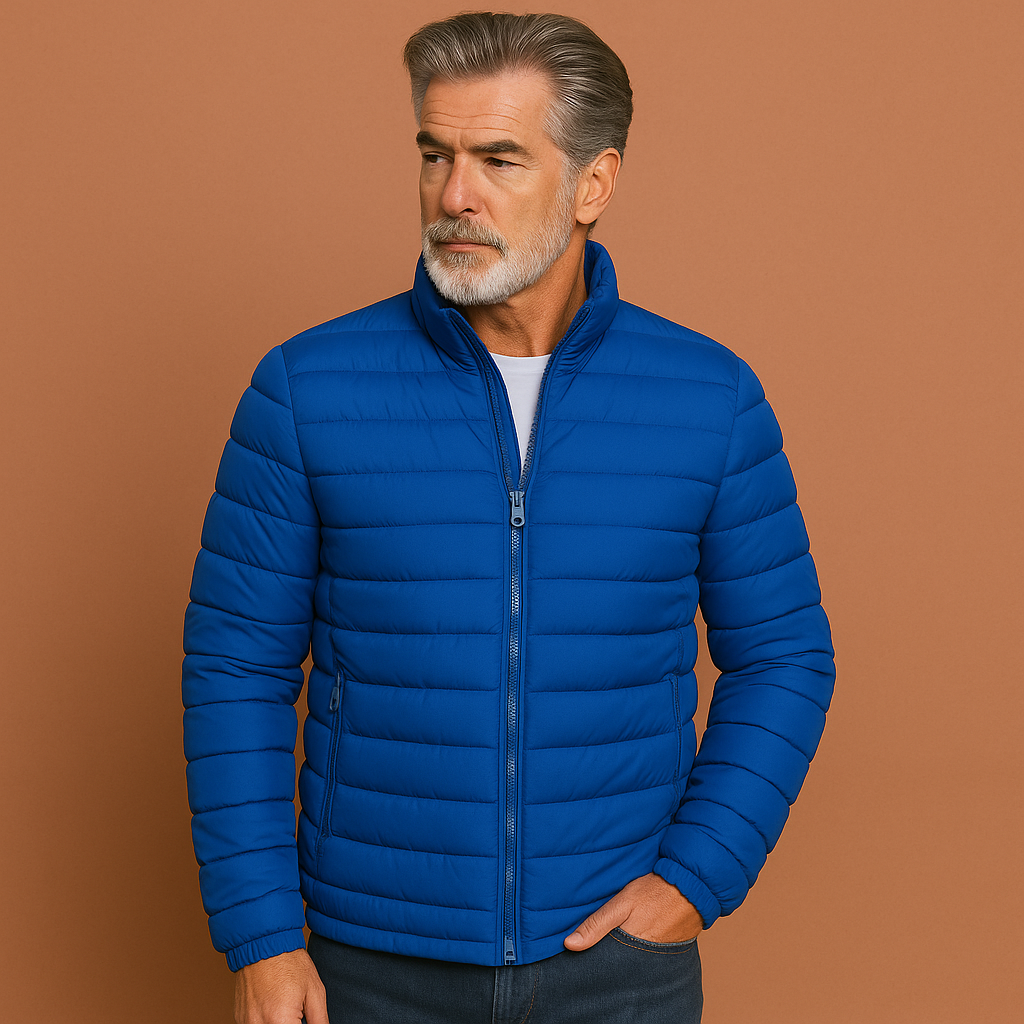 Lightweight padded jacket with stand collar side pockets and straight hem for men