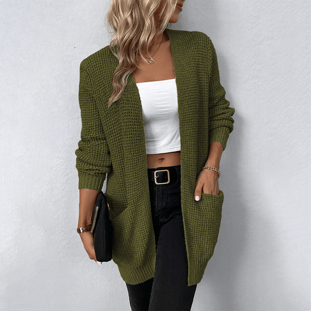 Long open front knit cardigan with patch pockets and loose relaxed fit