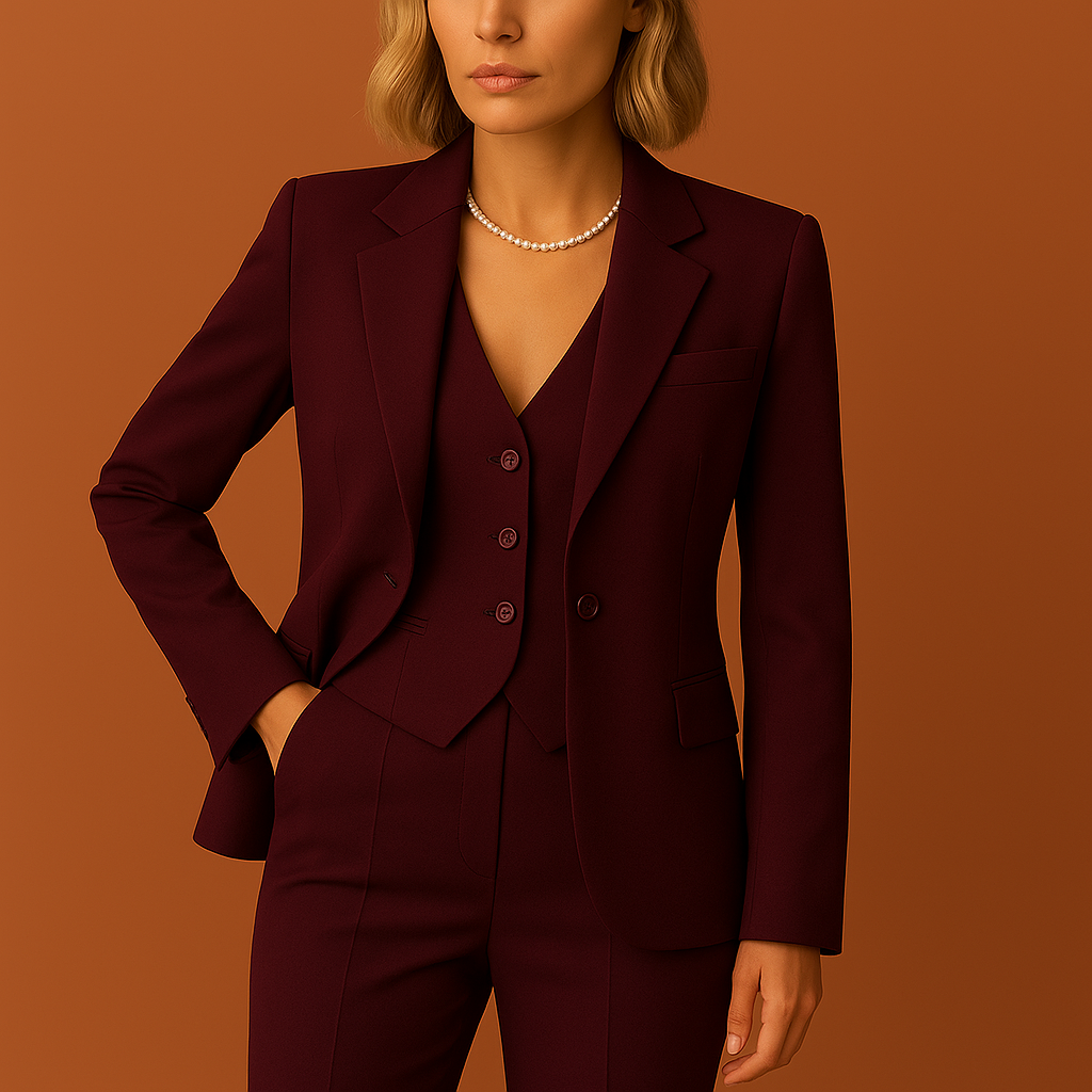 Woven suiting women's three-piece suit with notched lapels and straight tailored trousers