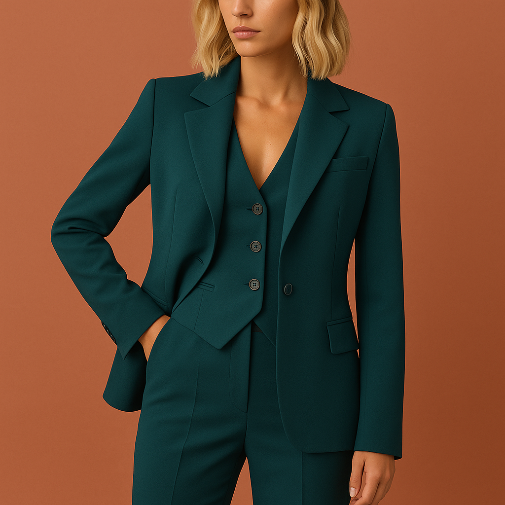 Woven suiting women's blazer vest and trouser set with fitted silhouette and straight leg