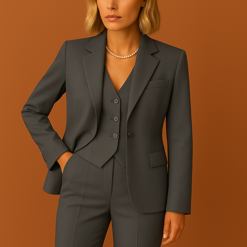 Structured woven blazer vest and trouser set with button front and notched lapel for women